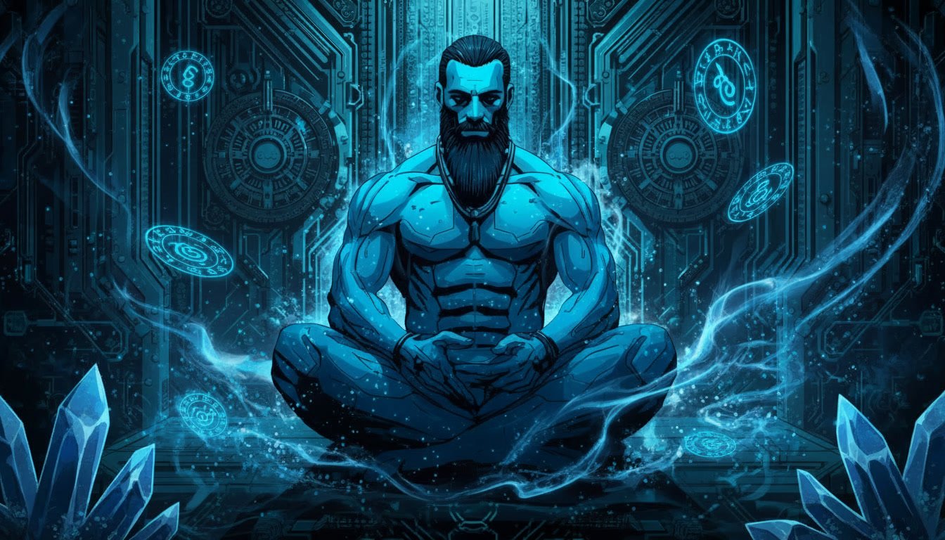 A muscular man with a beard, sitting cross-legged in a futuristic digital environment with glowing blue symbols and circuits surrounding him.