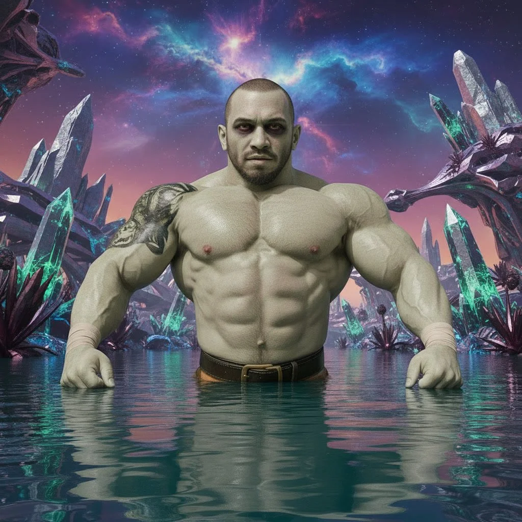 A muscular man with tattoos standing in water with a fantasy landscape behind him, including glowing crystals and a colorful starry sky.
