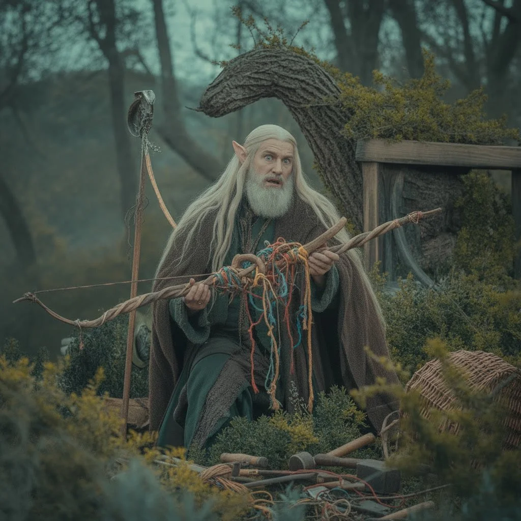 A man dressed as a wizard with long white hair and beard, wearing a cloak, holding a bow with colorful strings, seated outdoors in a forest clearing with trees and greenery in the background.