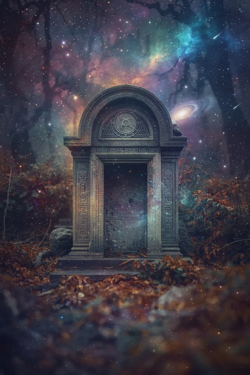 An ancient stone archway with intricate carvings is set in a forest, surrounded by glowing cosmic nebulae, stars, and galaxies in the night sky.