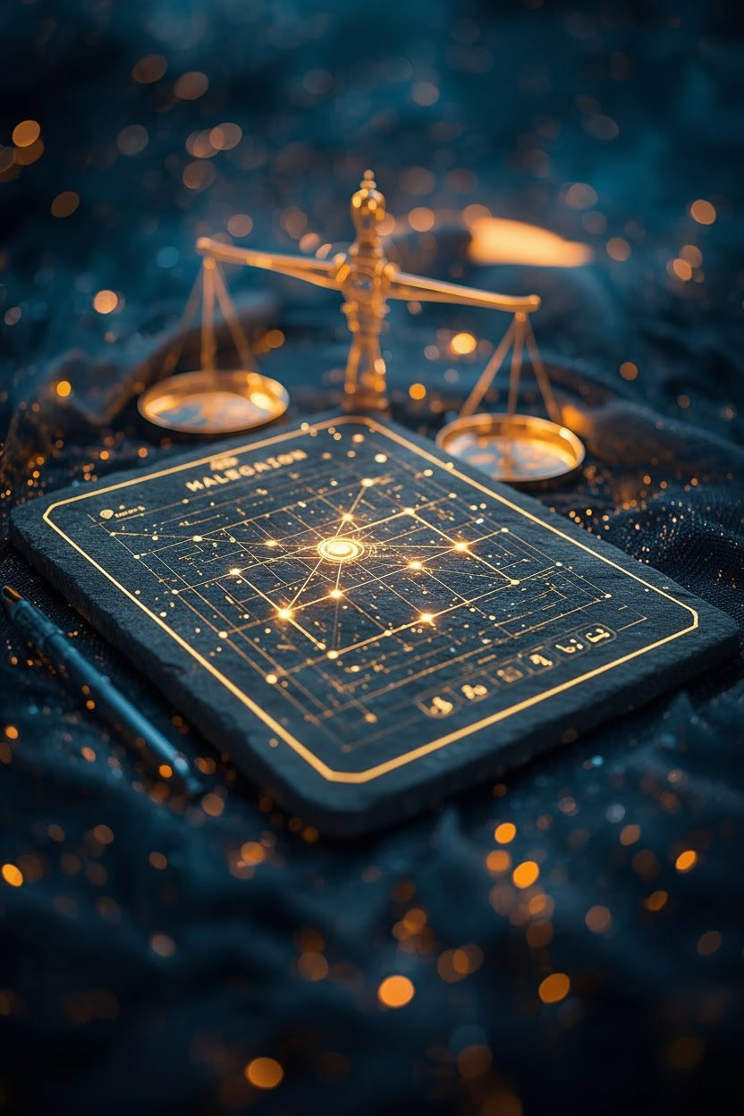 A digital illustration of a celestial map or star chart on a tablet device, with a golden balance scale in the background, set against a dark, shimmering surface with gold confetti or sparkles.