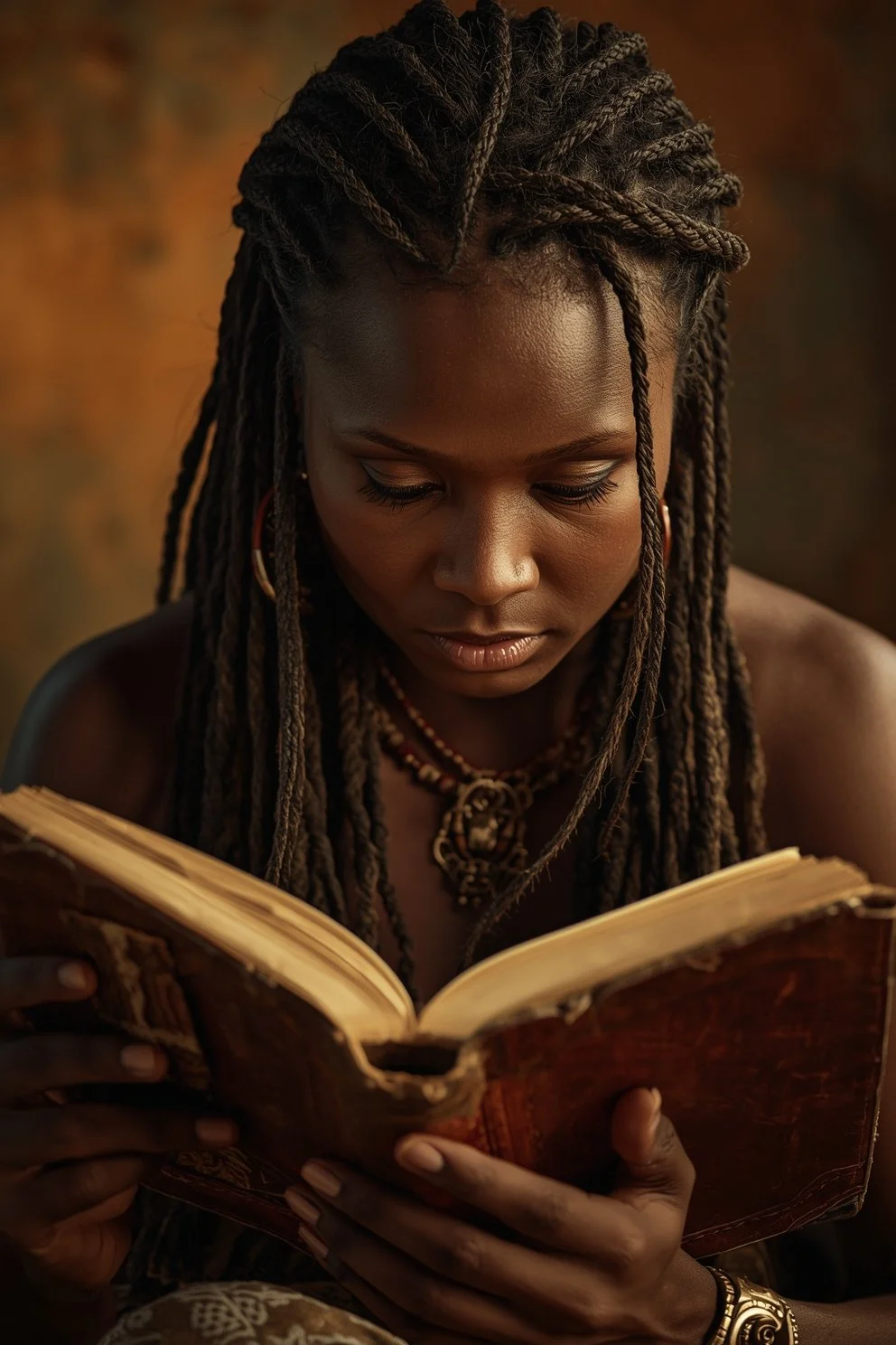 A woman with long braided hair looking down at an open book, wearing jewelry and a dark top, with a blurred warm-toned background.