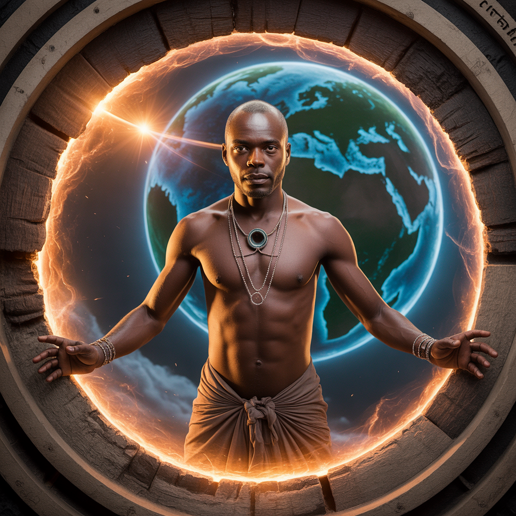 A shirtless man wearing jewelry stands in front of a glowing Earth seen through a circular opening, with a burst of light at the edge of the planet.