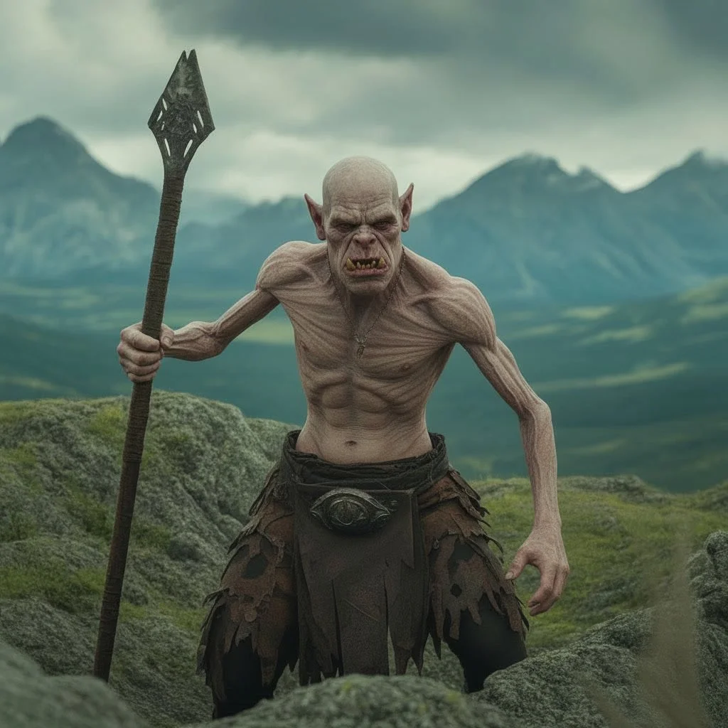 A fantasy creature resembling an orc with a muscular, bald, grayish body, pointed ears, yellow teeth, and a fierce expression, holding a spear, standing on a rocky landscape with mountains in the background.