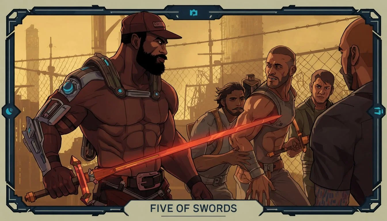 Illustration of five armed men confronting a man in a suit, with a cityscape and fencing in the background. The men have weapons and are in aggressive stances, with one holding a red sword.