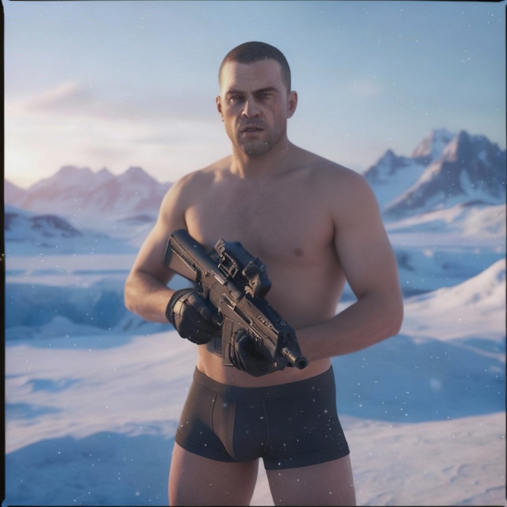 A shirtless man holding a large firearm in a snowy mountainous landscape.
