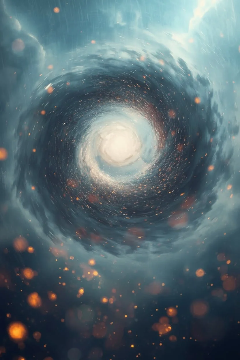 A swirling vortex or tunnel with clouds and glowing sparks or particles, giving a cosmic or sci-fi appearance.