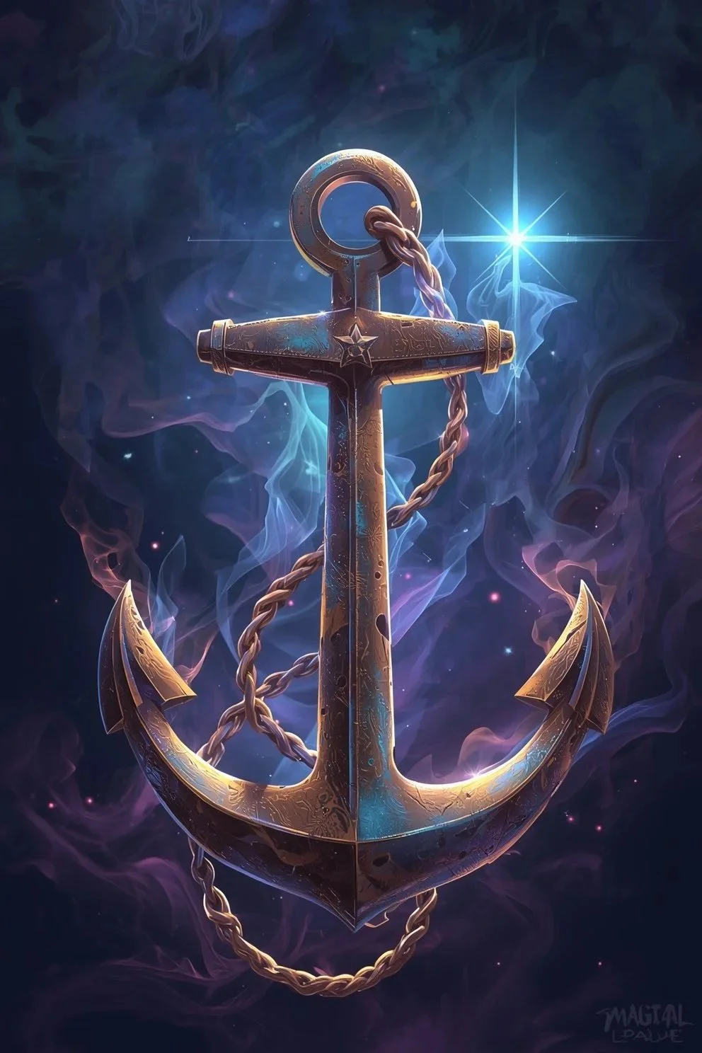 A metallic anchor with intricate engravings floats in a cosmic space filled with colorful smoke and star-like lights, with a bright starburst in the background.