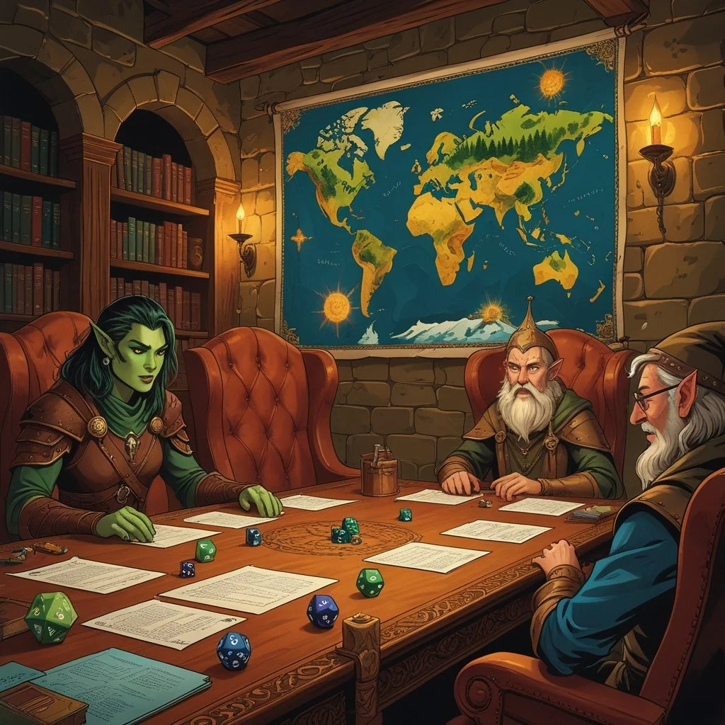 An illustration of four fantasy characters playing a tabletop role-playing game in a medieval-style room. The characters include a female elf, a male dwarf, and two male humans seated around a large wooden table with dice and papers. The room has stone walls, a large world map on the wall, bookshelves, and wall-mounted lamps.