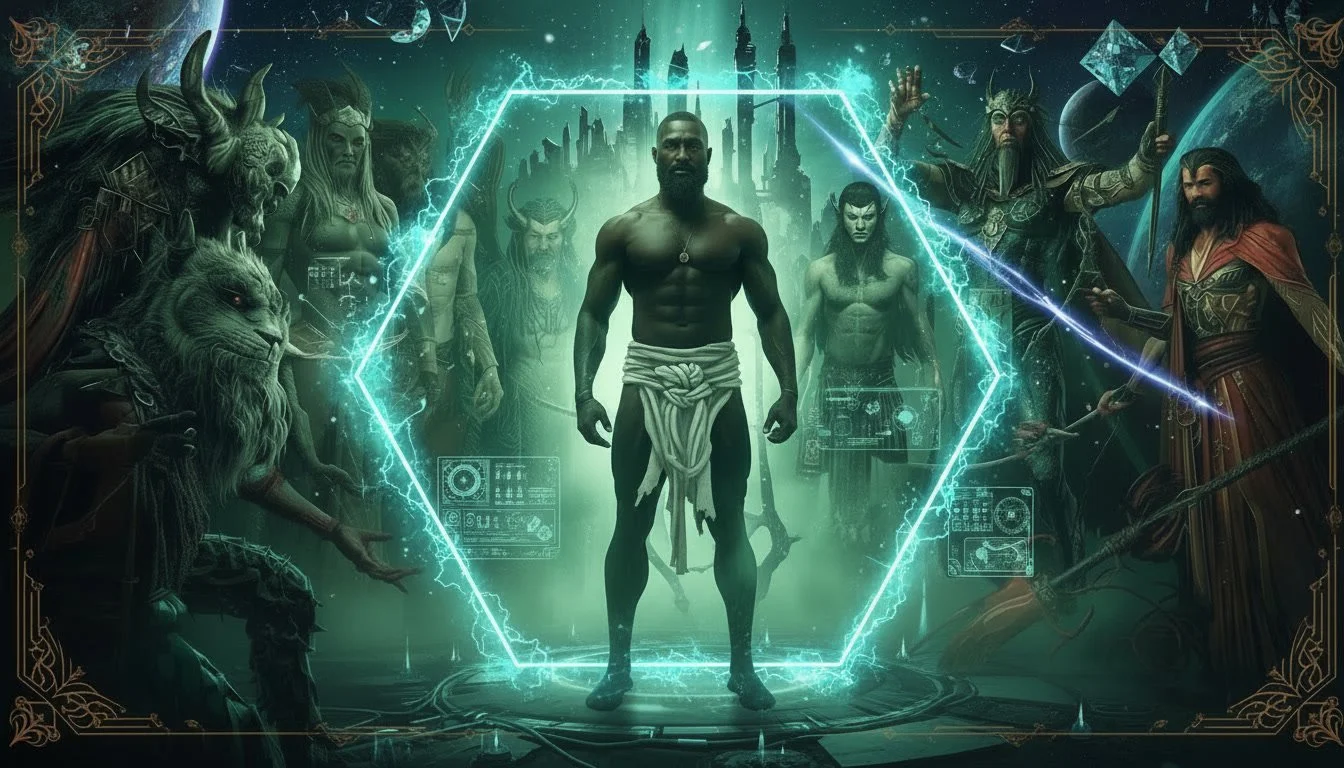 A digital fantasy scene featuring a muscular man with dark skin and traditional loincloth, surrounded by mythological creatures and wizard figures, with a futuristic, glowing hexagon and holographic displays.