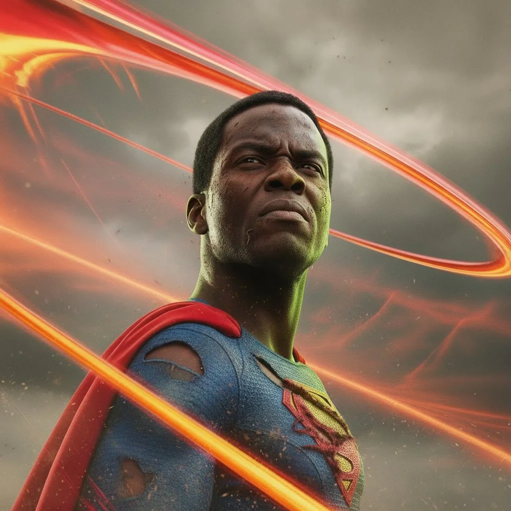 Superman-like superhero with a damaged blue suit and red cape, standing against a stormy sky with glowing orange energy rings surrounding him.