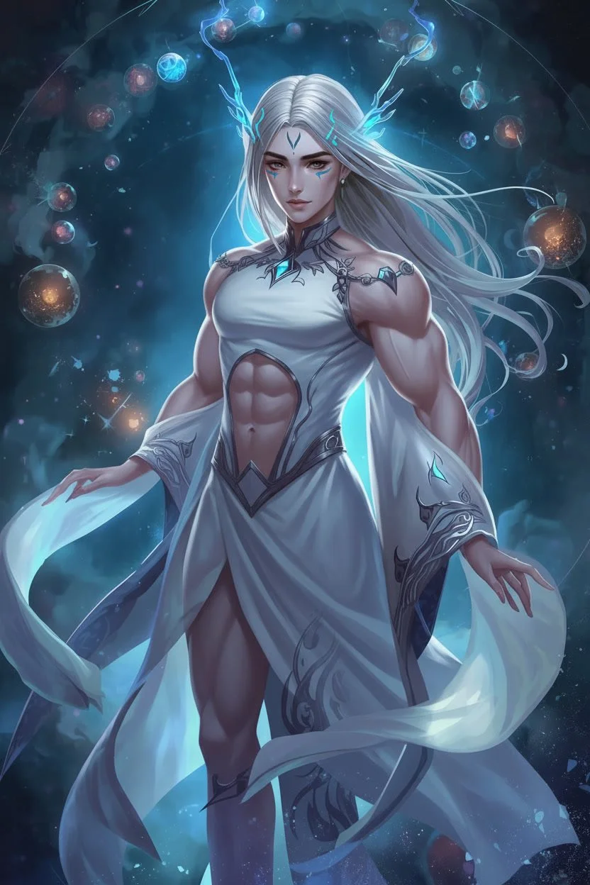 A fantasy-style digital artwork of a female celestial or cosmic being with long white hair, glowing blue accents, and transparent glowing horns, wearing a revealing white and silver flowing robe with intricate designs, standing amidst a cosmic background with floating planets and glowing particles.