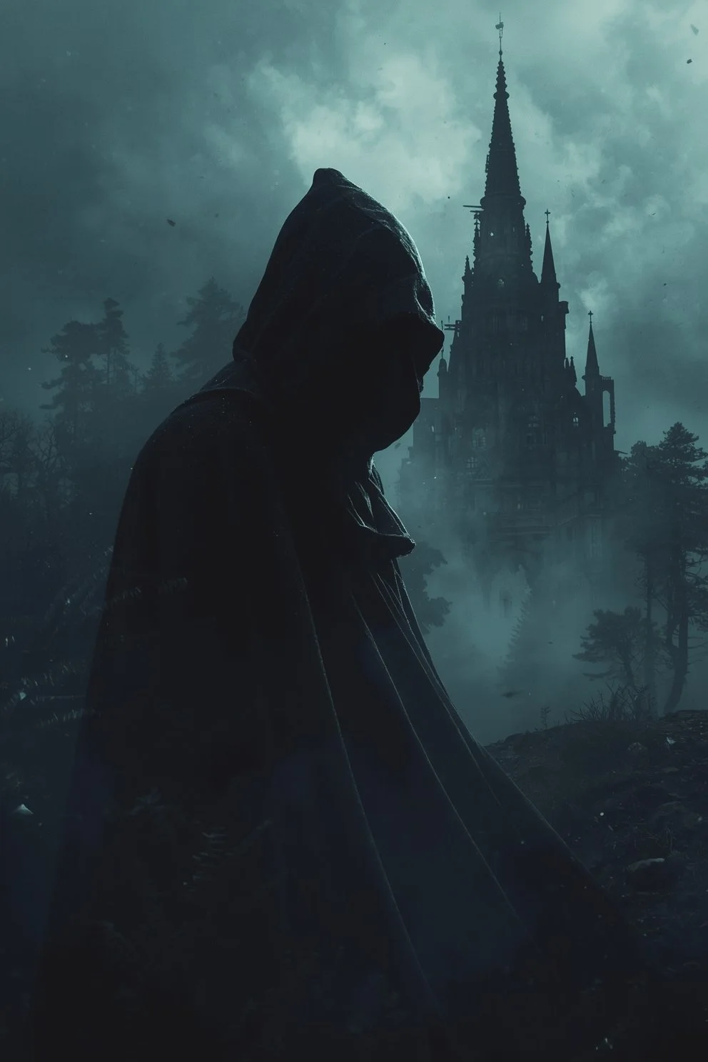 A dark, cloaked figure with a hood standing in front of a gothic castle shrouded in mist and clouds, with trees visible in the background.