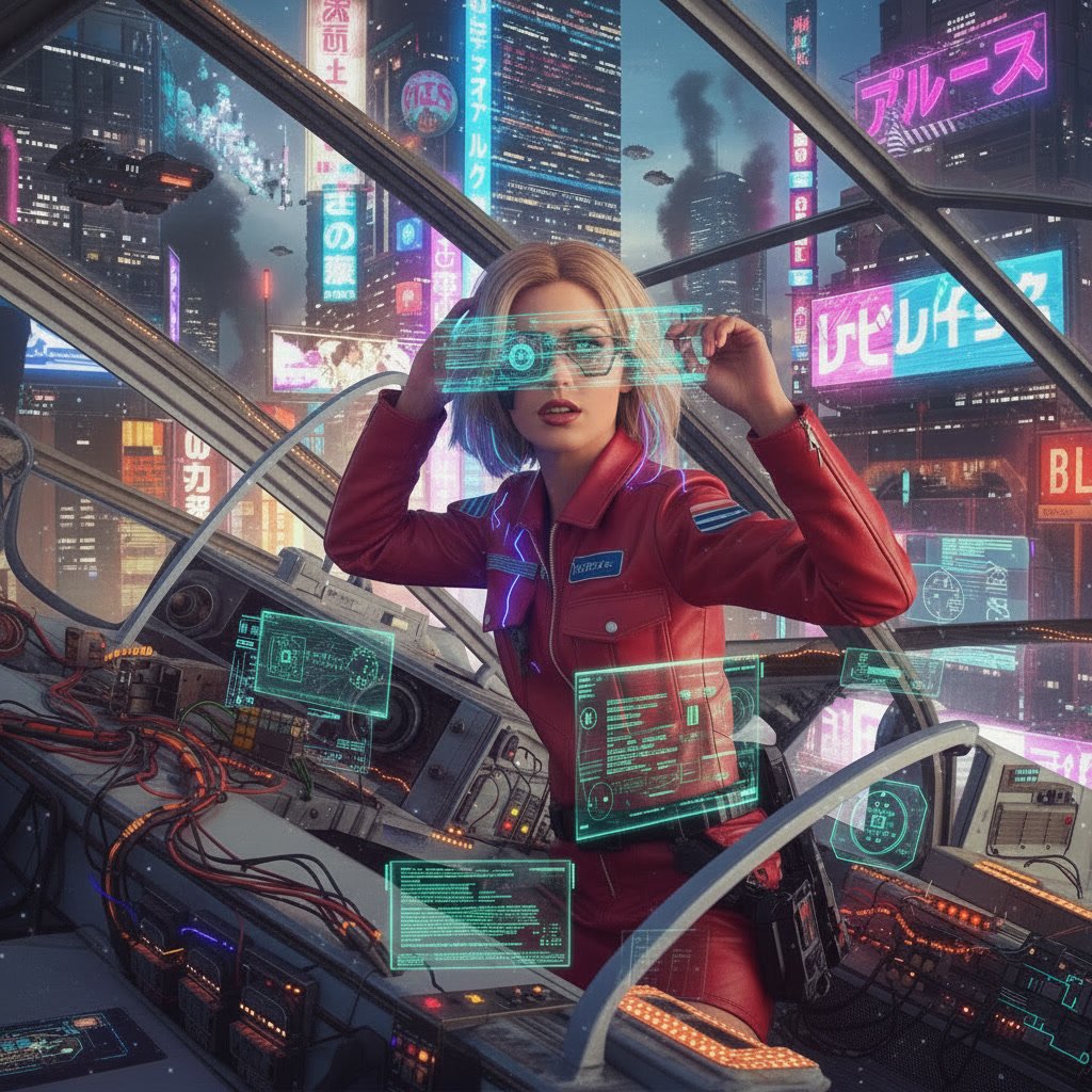 A woman dressed as a futuristic pilot or hacker wearing a red leather jacket and glasses, in a high-tech cockpit with holographic screens, inside a sci-fi city with neon lights and tall buildings at night, with flying cars and Japanese signs in the background.