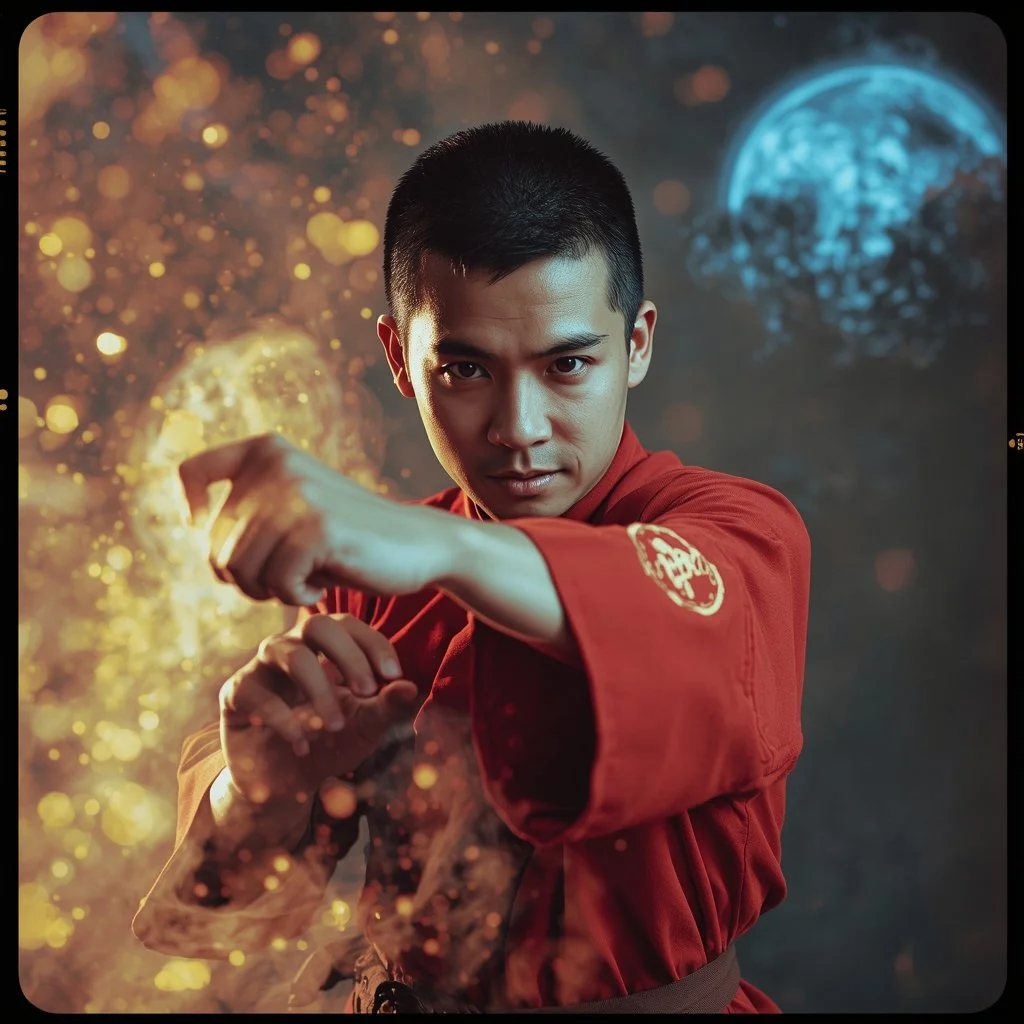 Young martial artist in red gi striking a fighting pose with a focused expression, with a glowing background and floating orbs of light.