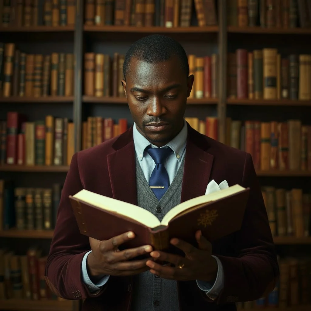 A man in a burgundy blazer, light blue shirt, and blue tie reading a book in a library with wooden bookshelves filled with books.