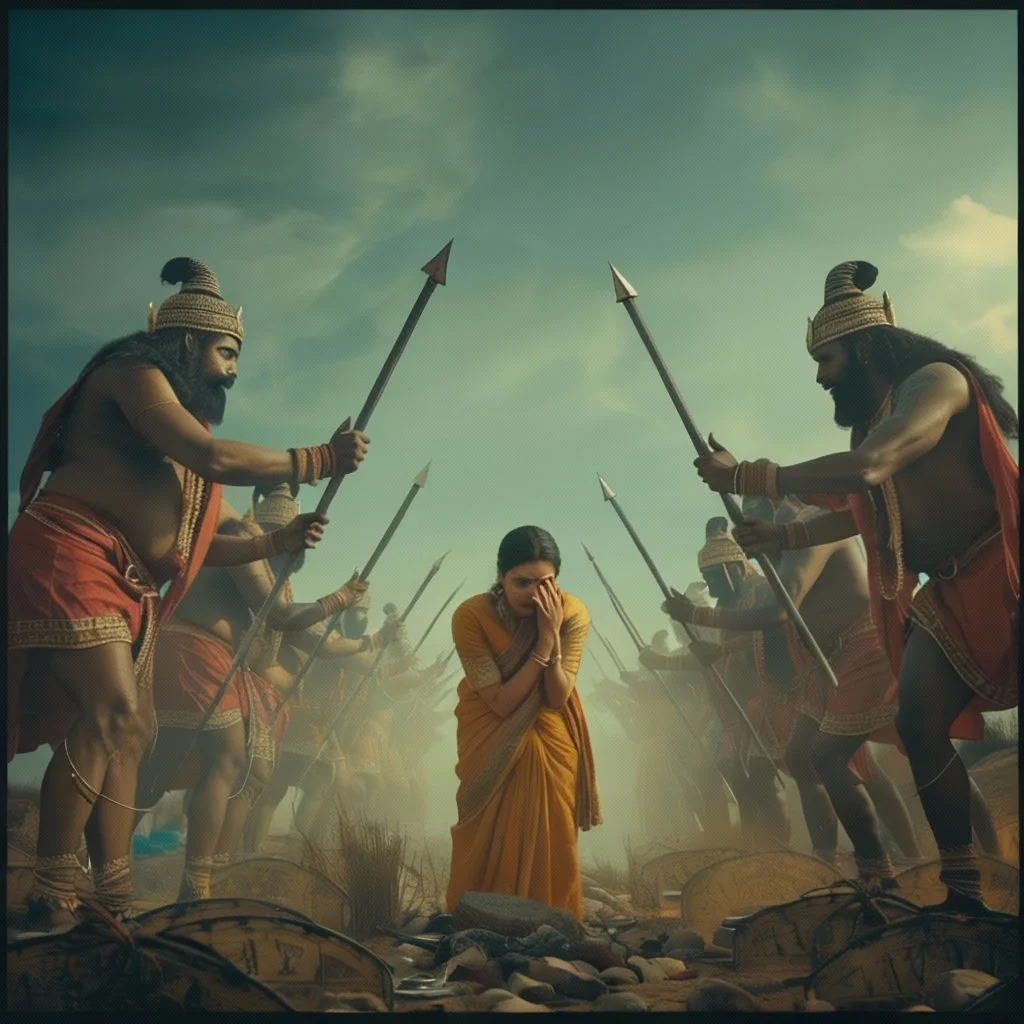 A woman wearing a yellow sari stands between two lines of soldiers holding spears, appearing distressed or praying with her hands covering her face.