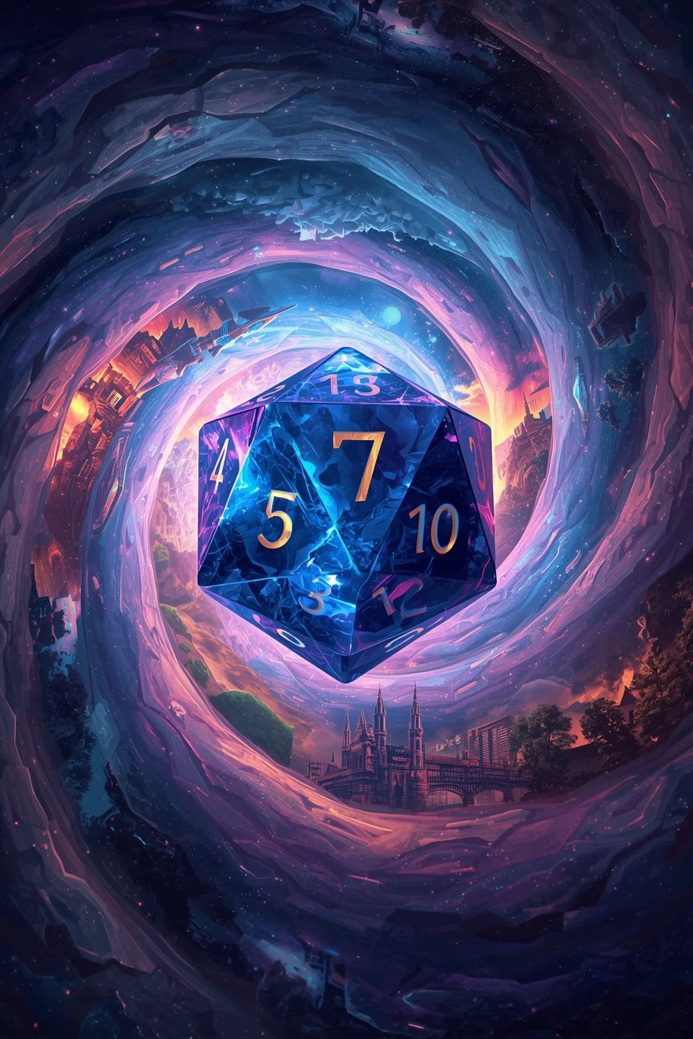 A surreal, colorful digital artwork of a large, glowing 20-sided die (D20) floating in a cosmic vortex. The background features a vibrant city skyline, a bridge, and a Gothic-style cathedral, with swirling clouds and stars in a space scene.