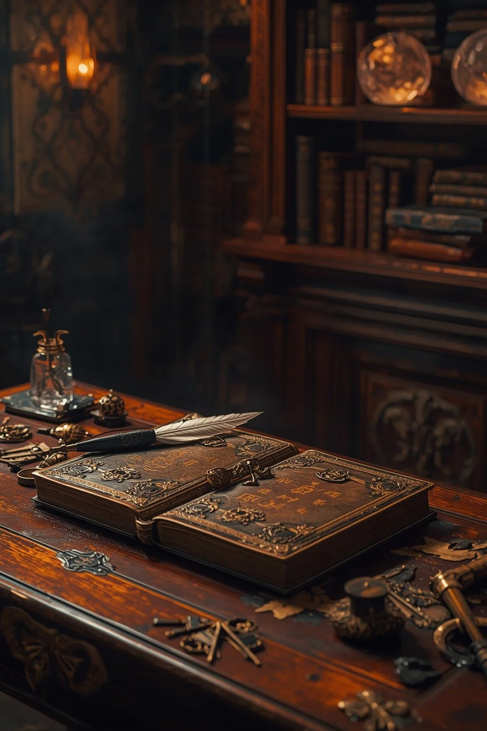 An ornate wooden desk with gold embellishments, holding two large leather-bound books, a quill pen, small keys, and various decorative objects in a dimly lit, vintage-style study with wooden shelves filled with books in the background.