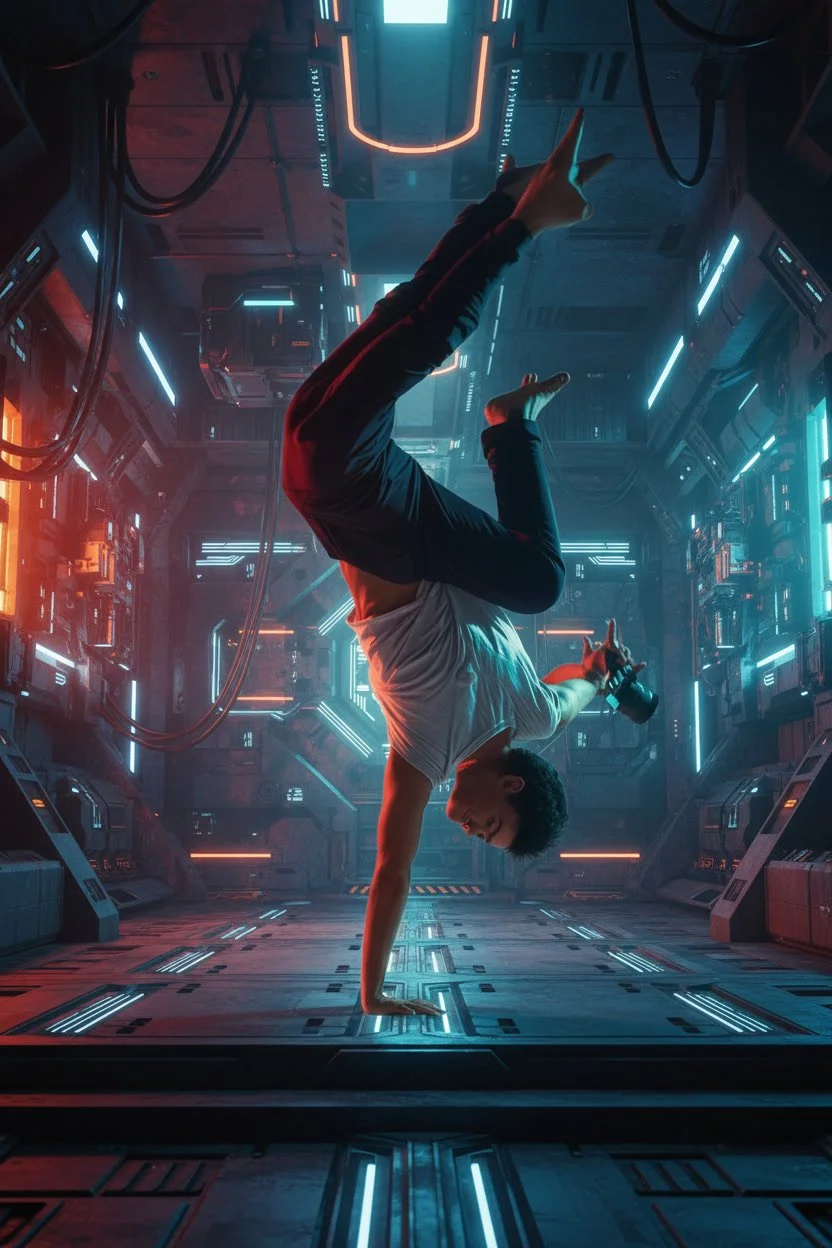 A person performing a handstand in a futuristic, neon-lit space or spaceship interior, holding a camera.