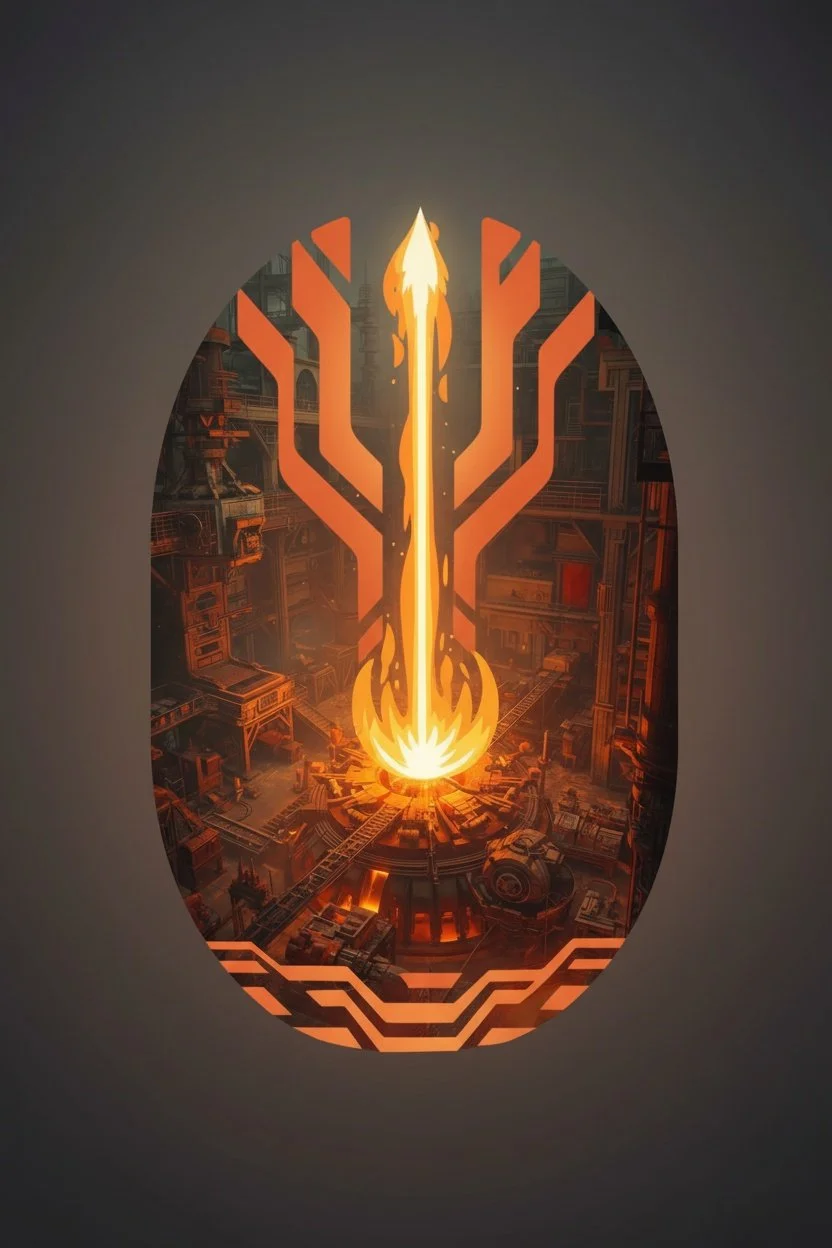 A digital illustration of a large, fiery sword with a glowing flame at its tip, embedded in an industrial setting with machinery and structures, viewed through an oval opening.