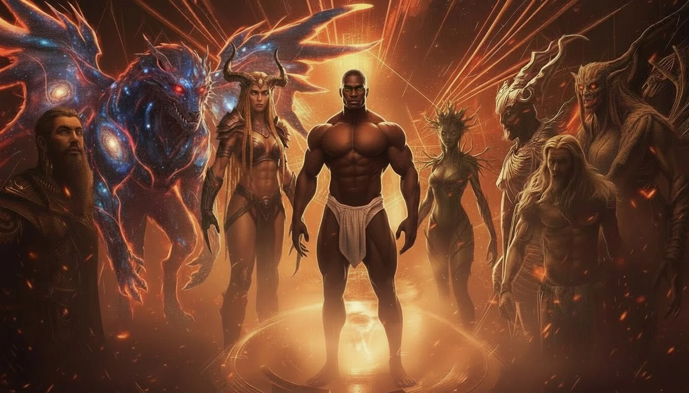 Group of fantasy characters with muscular man at center, surrounded by demons, dragons, and mythical beings in a fiery, glowing setting.