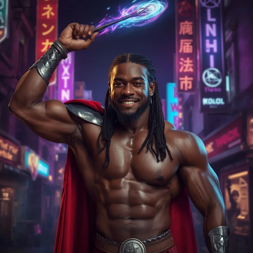 A muscular man with dreadlocks, wearing a red cape and metallic armor on his arms, holding a glowing staff in a neon cityscape at night with bright signs and lights.