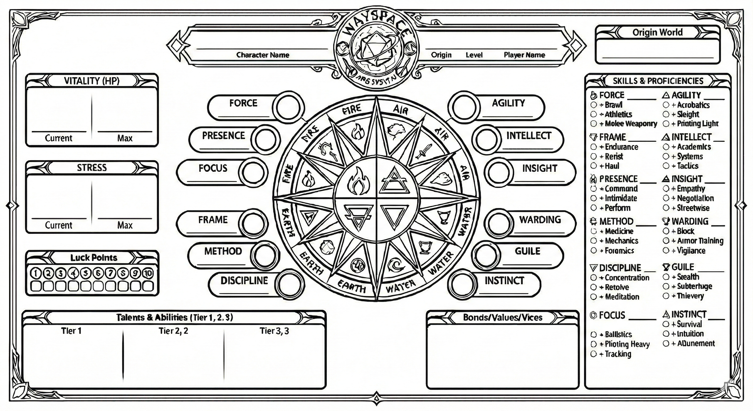 A detailed character sheet for a tabletop game called 'Wayspace'. It includes sections for character information, vitality, stress, luck points, talents and abilities, bonds/values/vices, and a wheel of elements like fire, air, water, earth, and spirit. There are also various attributes such as force, presence, focus, method, discipline, agility, intellect, insight, warding, guide, instinct, and skills and proficiencies related to force, frame, presence, method, discipline, focus, instinct, and wounding.