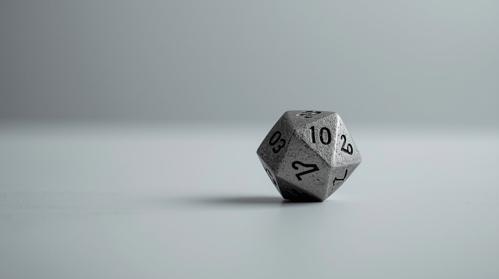 A metallic 20-sided die (d20) with black numbers resting on a plain surface with a neutral background.