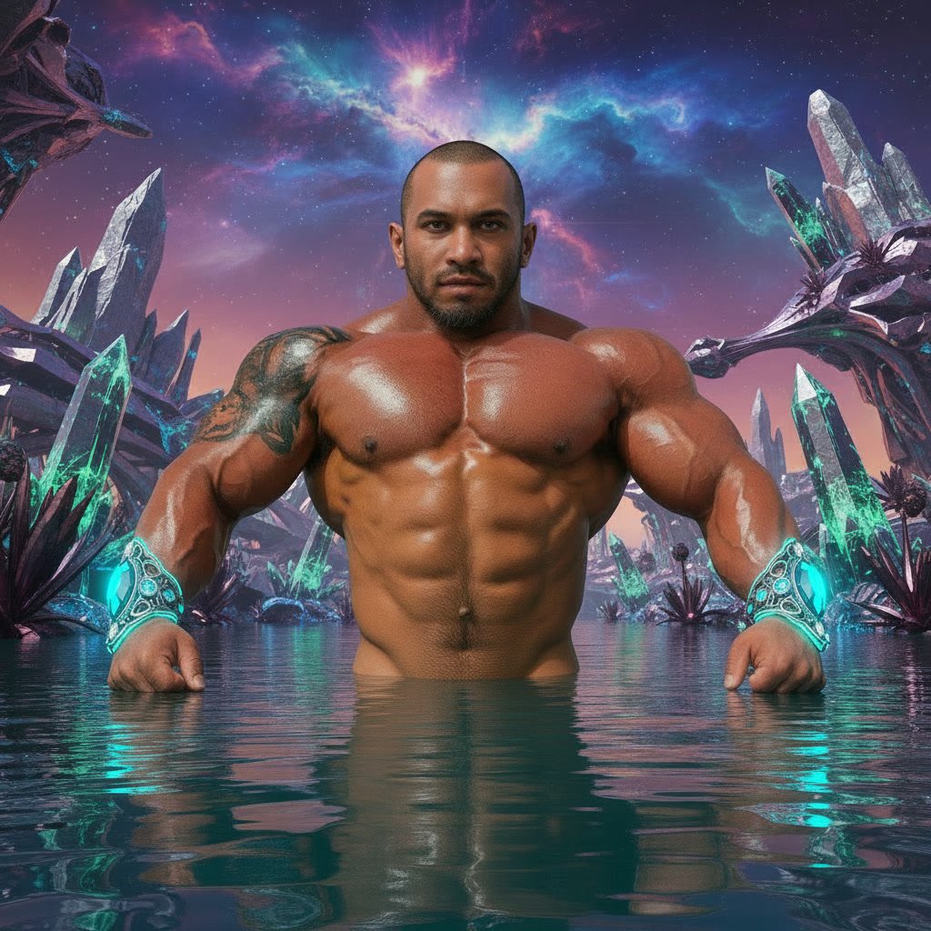 A muscular man with dark skin and tattoos stands in water with crystal formations and a colorful cosmic sky in the background.