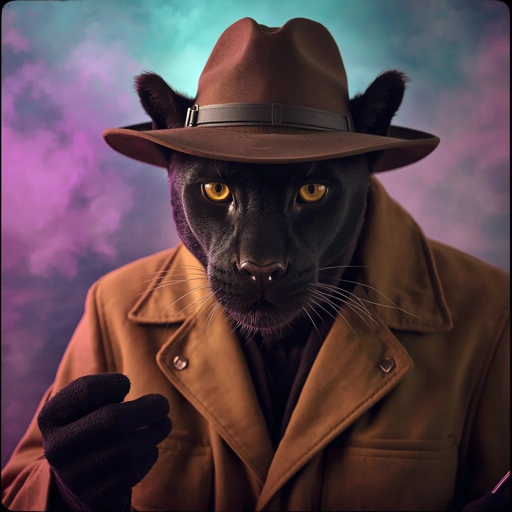 A black panther dressed as a detective, wearing a brown trench coat and a matching fedora hat, against a colorful, smoky background.