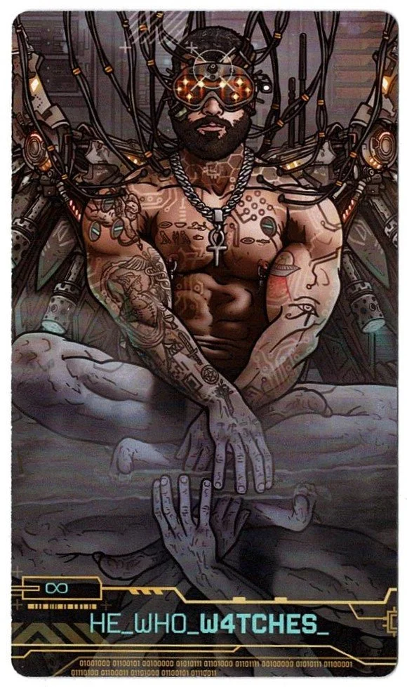 A futuristic illustration of a muscular man with tattoos, wearing advanced glasses with glowing lenses and a chain necklace, sitting cross-legged with high-tech machinery connected around him, and the caption 'HE_WHO_W4TCHES' at the bottom.