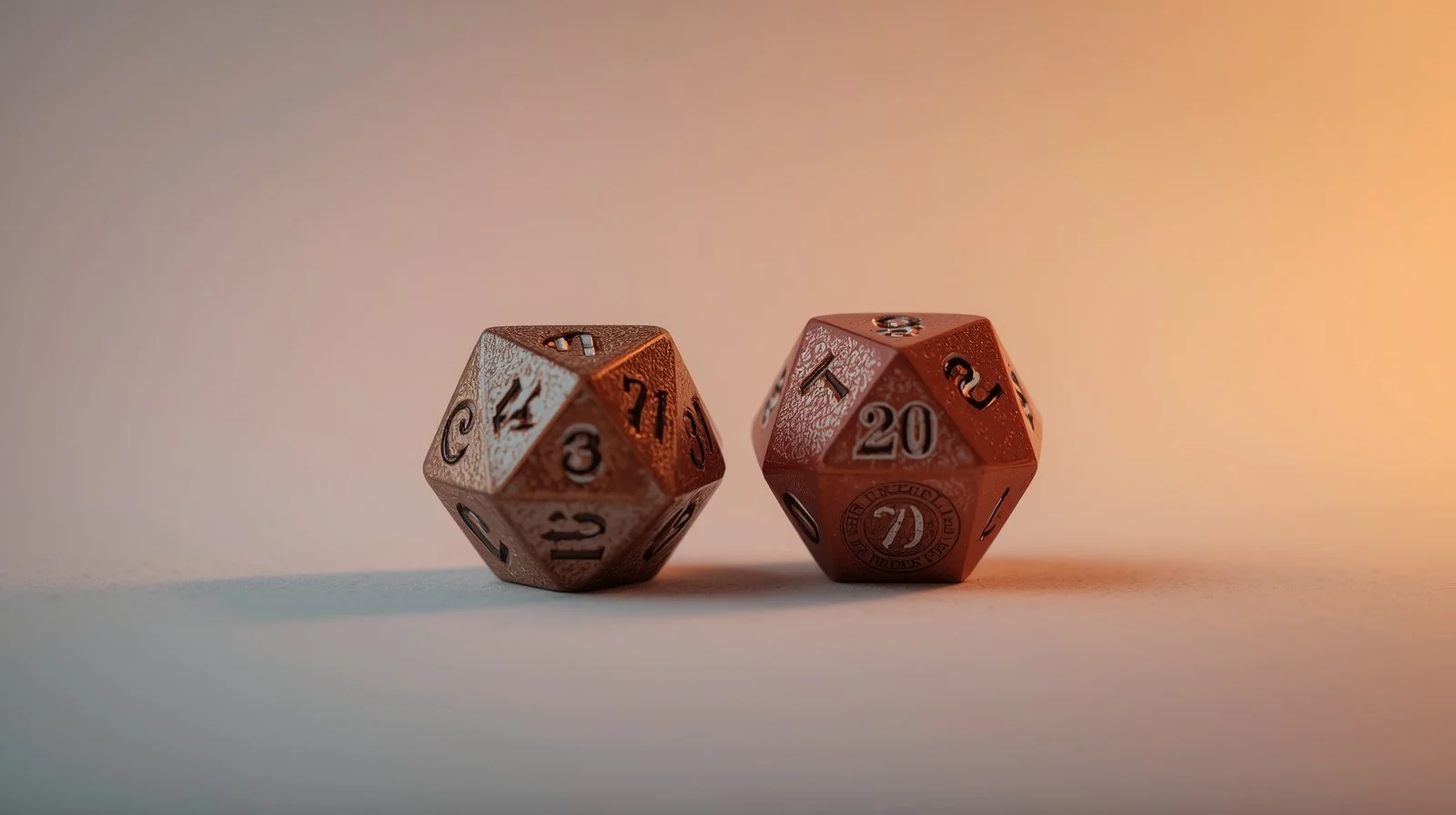 Two twenty-sided dice with metallic and textured surfaces, showing numbers 11 and 20 on top, placed on a flat surface with neutral background lighting.