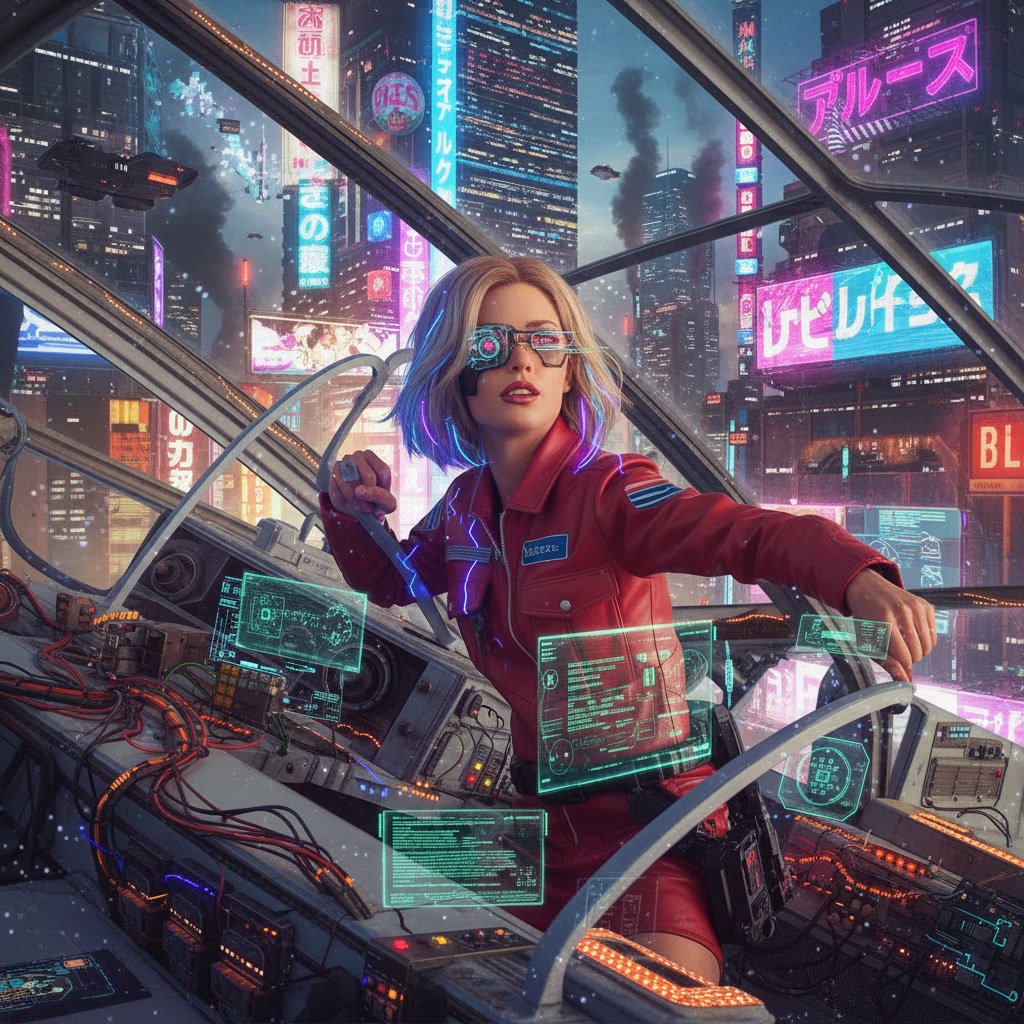 A woman with blonde hair in a red futuristic pilot suit in a high-tech cockpit with holographic displays. The background shows a vibrant cyberpunk cityscape filled with neon signs and skyscrapers.