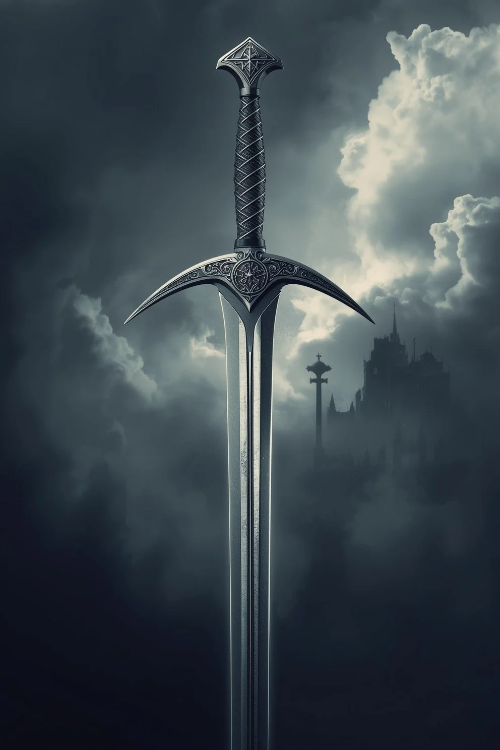 A fantasy-style sword with a detailed, ornate design stands upright against a cloudy, dark sky with a castle silhouette in the background.