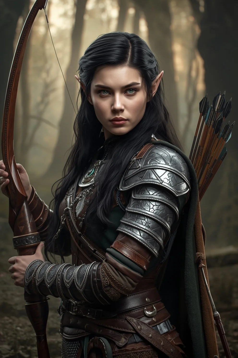 A fantasy archer woman with elf-like features, long black hair, piercing green eyes, wearing ornate leather and metal armor, holding a wooden bow, with a quiver of arrows on her back, standing in a misty forest.