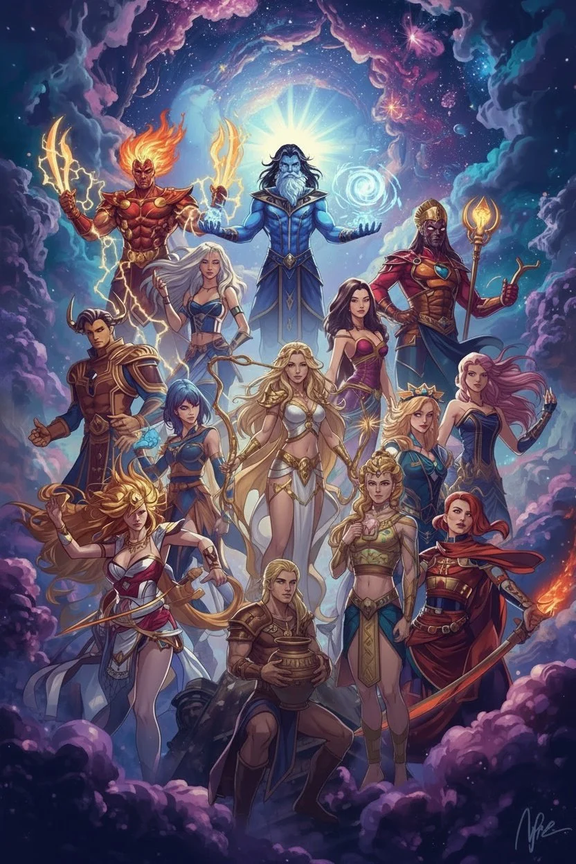 An illustration depicting a group of fantasy characters, including mages, warriors, and magical beings, standing in front of a cosmic background with swirling clouds and stars, with a bright light at the center.