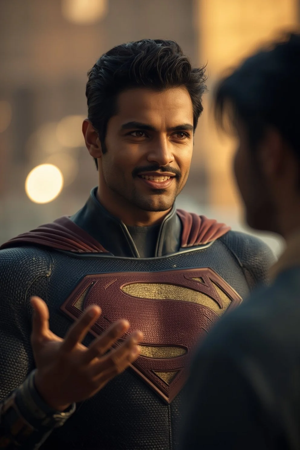 A man dressed as Superman in a textured black suit with a red and gold Superman emblem, smiling and gesturing with his hand, speaking to another person.