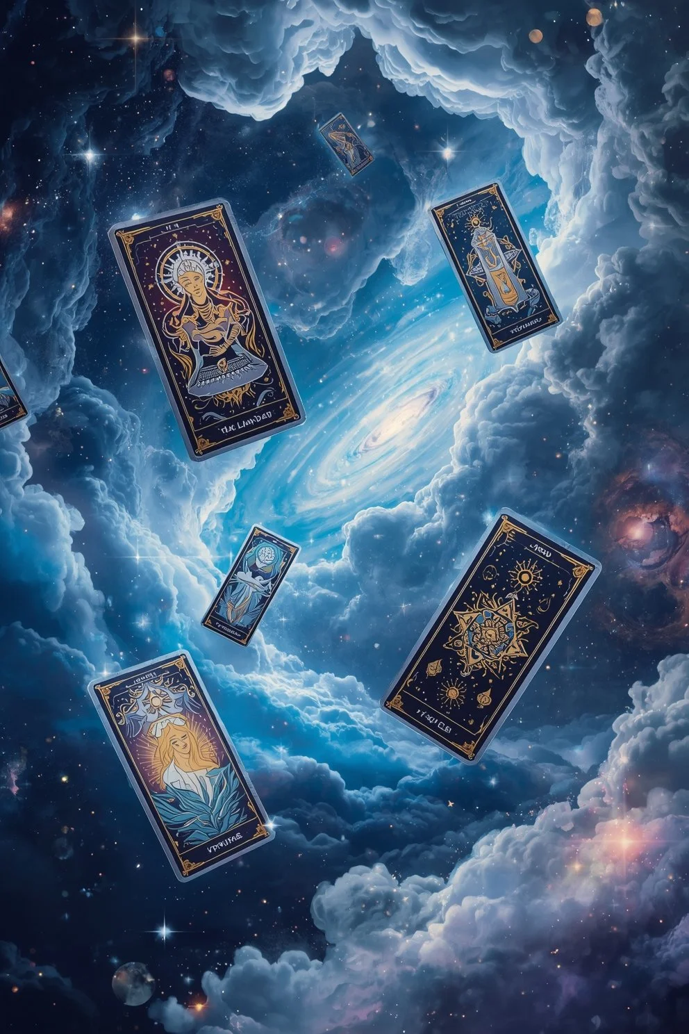 Tarot cards floating in a cosmic space with clouds, stars, and a galaxy in the background.