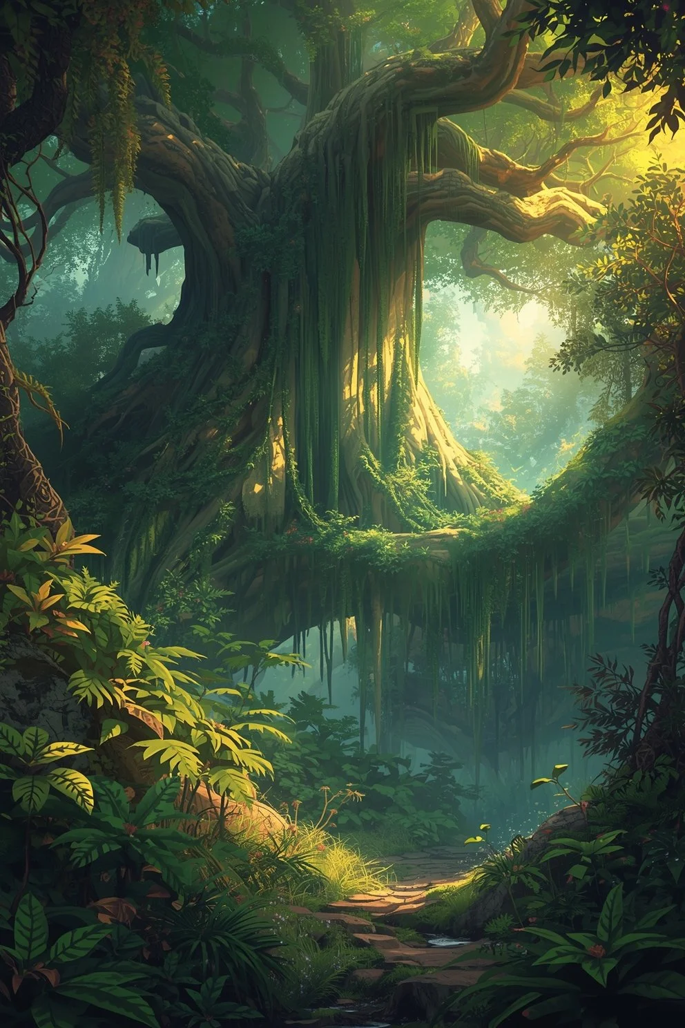 A lush green forest scene with a large, ancient tree at the center, sunlight filtering through the dense canopy, and a small stone path winding through the underbrush.