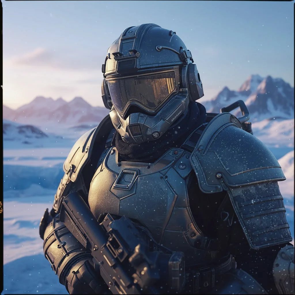 A sci-fi soldier in futuristic armor stands in a snowy mountain landscape at sunset, holding a gun.