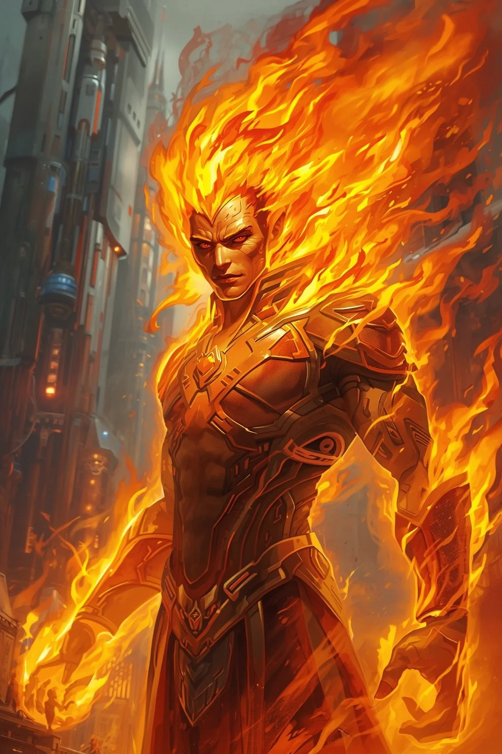 A fiery superhero figure with flaming hair and a detailed armor suit standing in a futuristic city, with a determined expression.