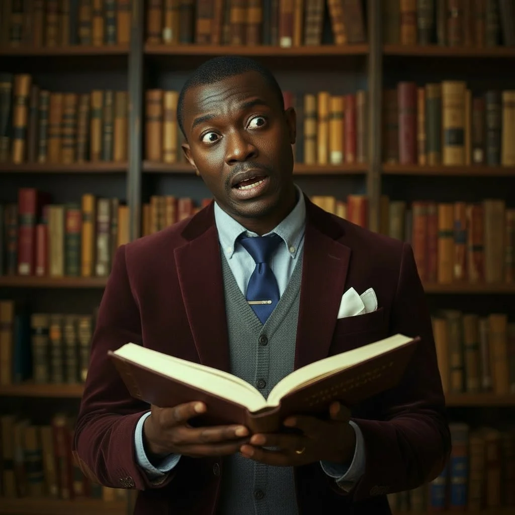 A man in a suit and tie holding an open book with a surprised or confused expression on his face, in front of bookshelves filled with books.