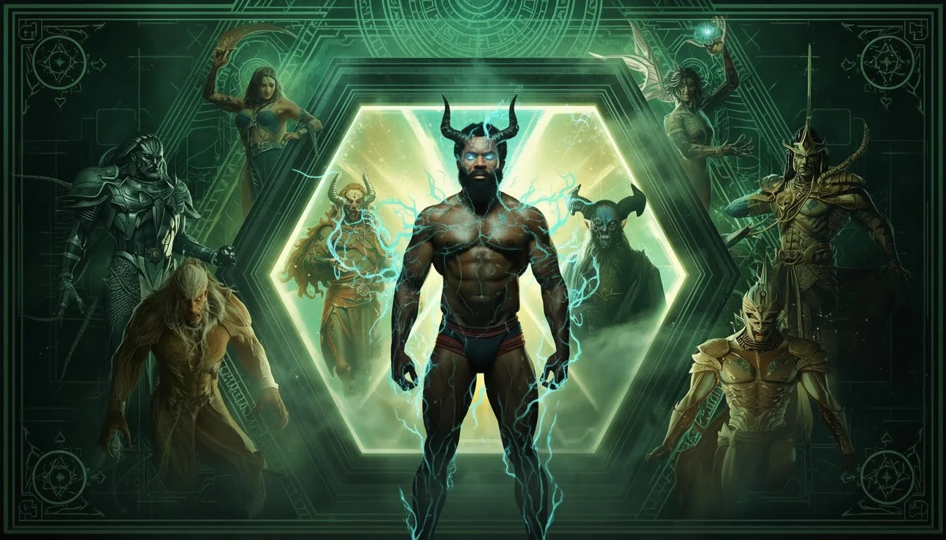 A digital illustration featuring a central muscular figure with glowing blue eyes, black horns, and lightning effects, surrounded by various fantasy characters including warriors, sorcerers, and mythical beings in a green mystical setting.