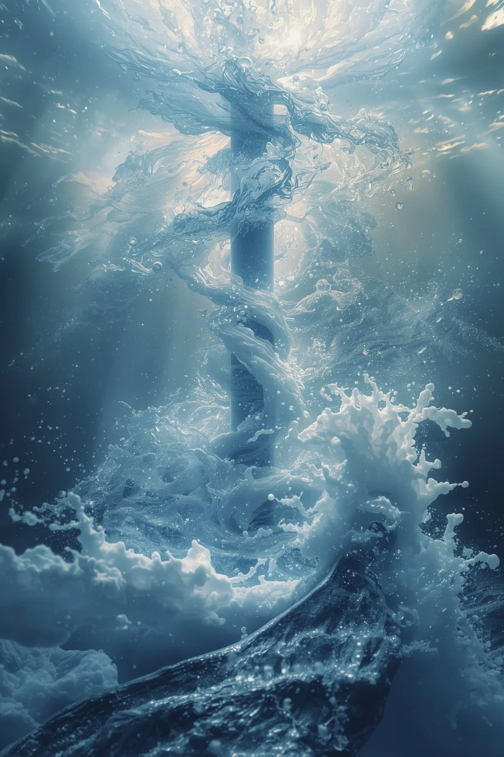 Underwater scene showing splashing water and possibly a submerged object or pole in the water.