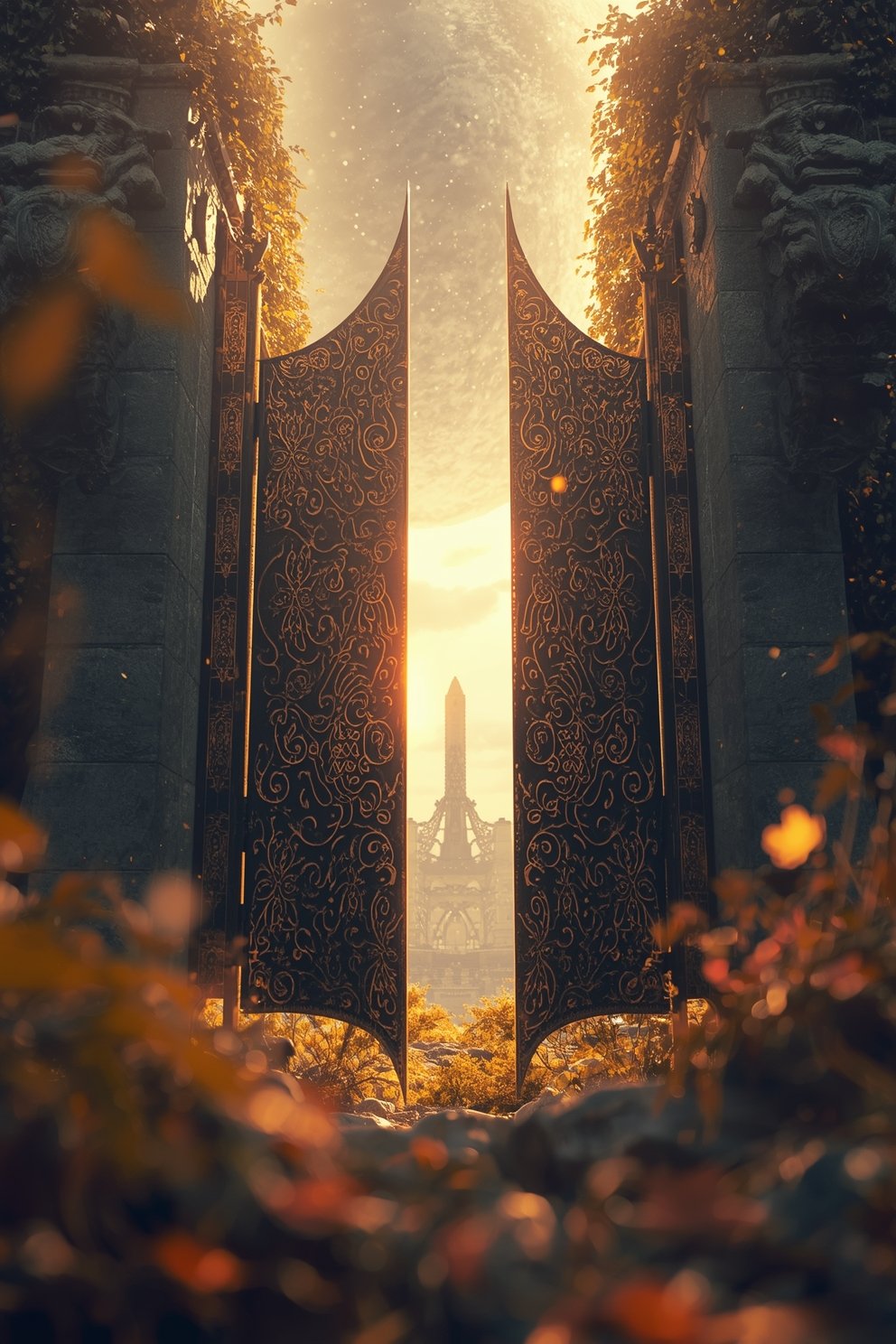 An ornate wrought iron gate opening to a view of the Eiffel Tower in Paris, with the moon high in the sky and the sun setting, casting a warm glow over the scene.
