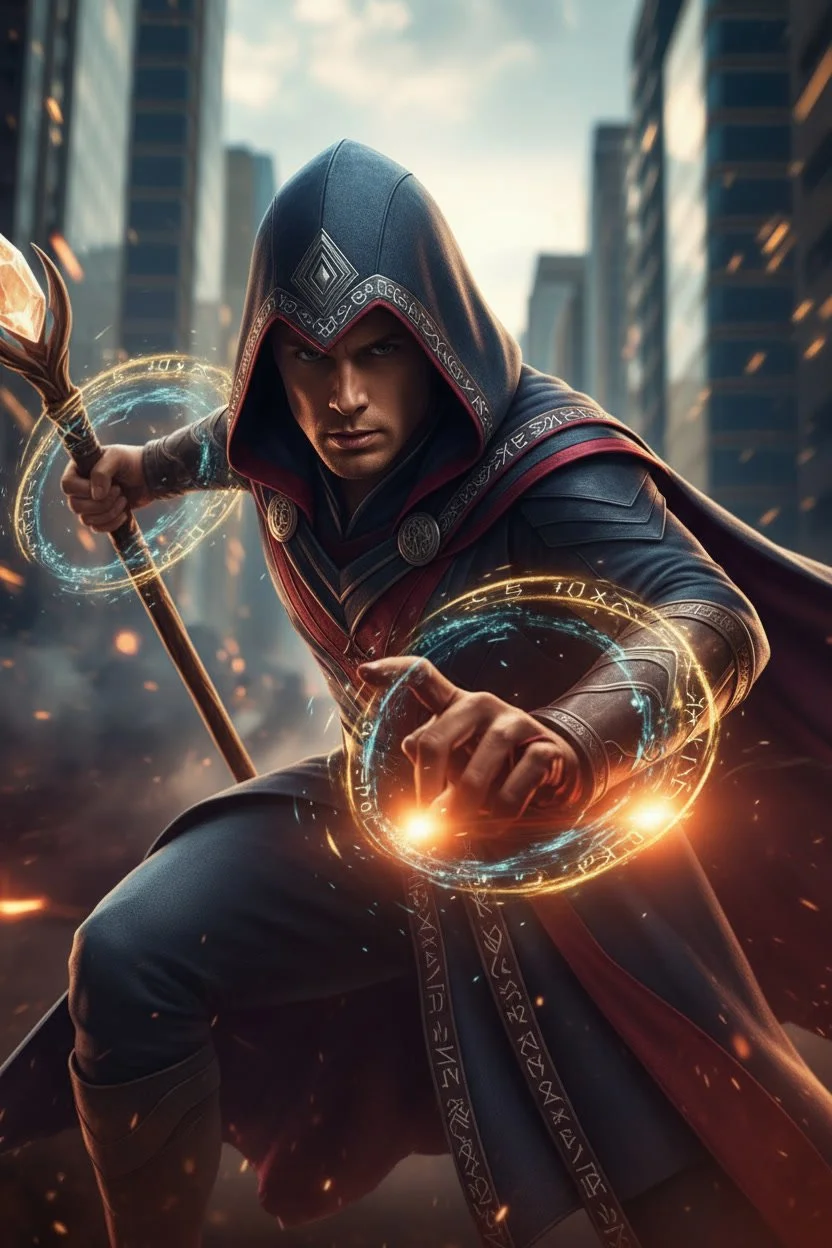 A man dressed as a wizard with a hooded cloak, holding a staff, using magical circles and glowing symbols in a futuristic cityscape.