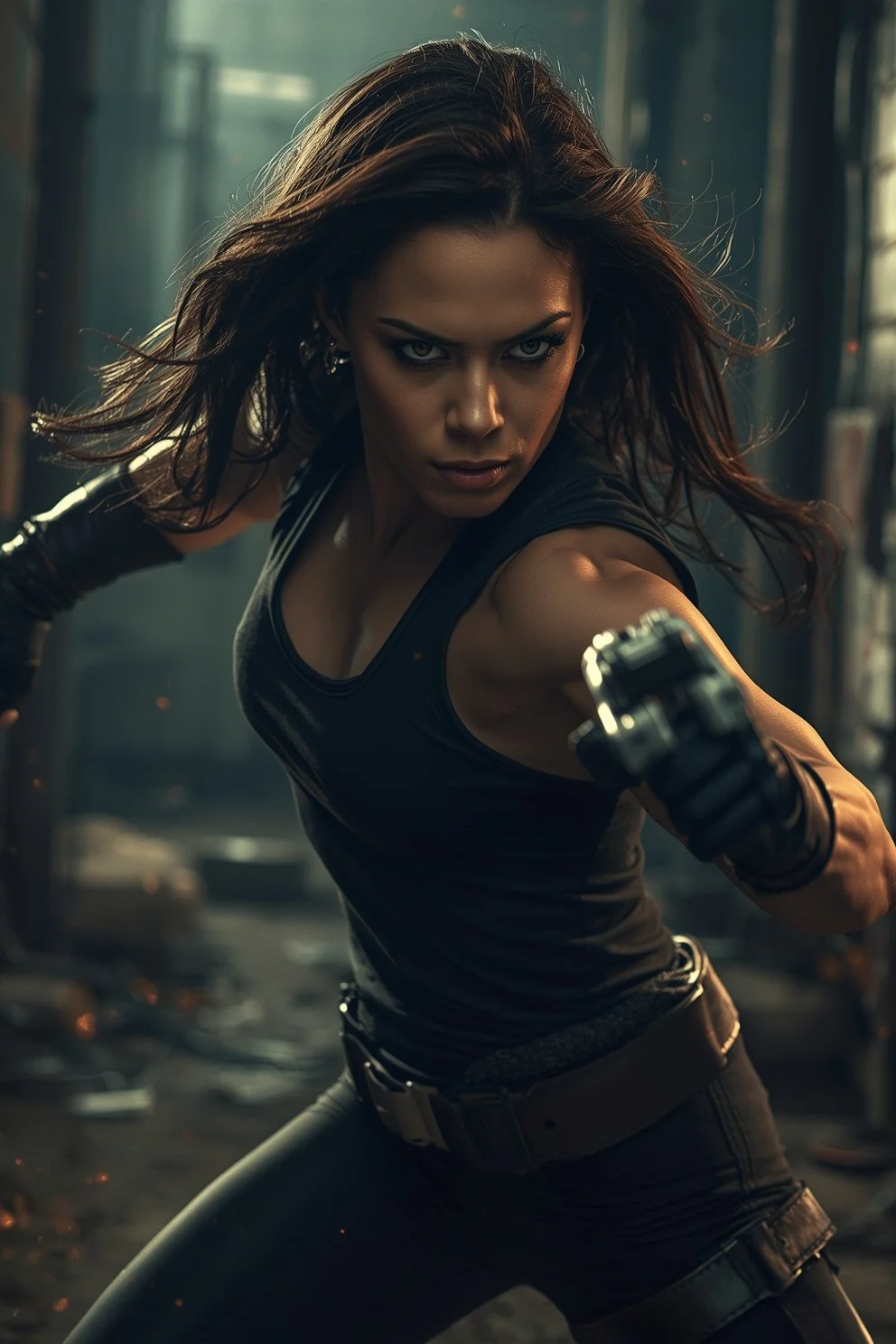 A woman with brown hair, wearing a black sleeveless top, holding a gun, in a tense stance with a determined expression, in a dark, industrial setting.