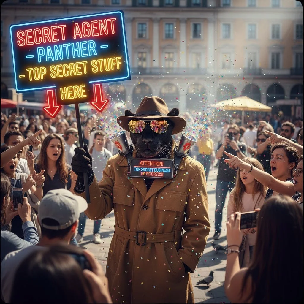 A person dressed as a secret agent with a panther head costume, wearing sunglasses, a trench coat, and a hat, holding a sign that says 'Attention! Top Secret Business' while surrounded by a crowd of people taking photos and pointing, in an outdoor city square with confetti and a neon sign that reads 'Secret Agent Panther - Top Secret Stuff Here' with arrows pointing down.