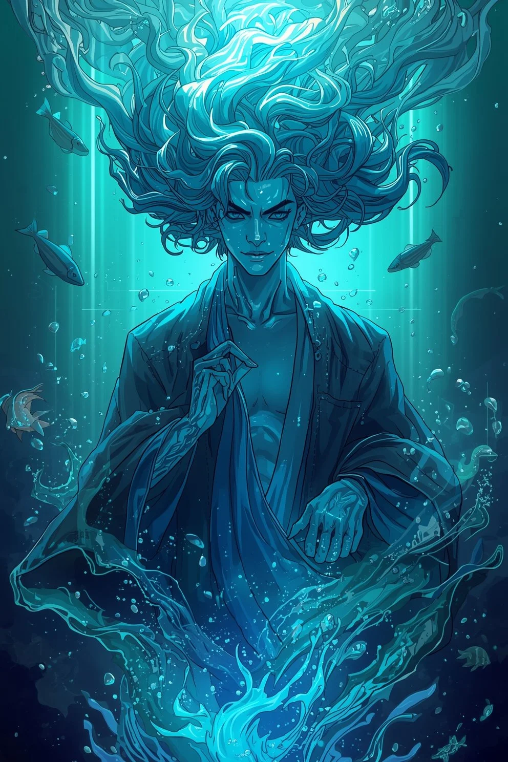 Digital art of a woman underwater surrounded by fish and water swirls, with long flowing hair and intense expression.